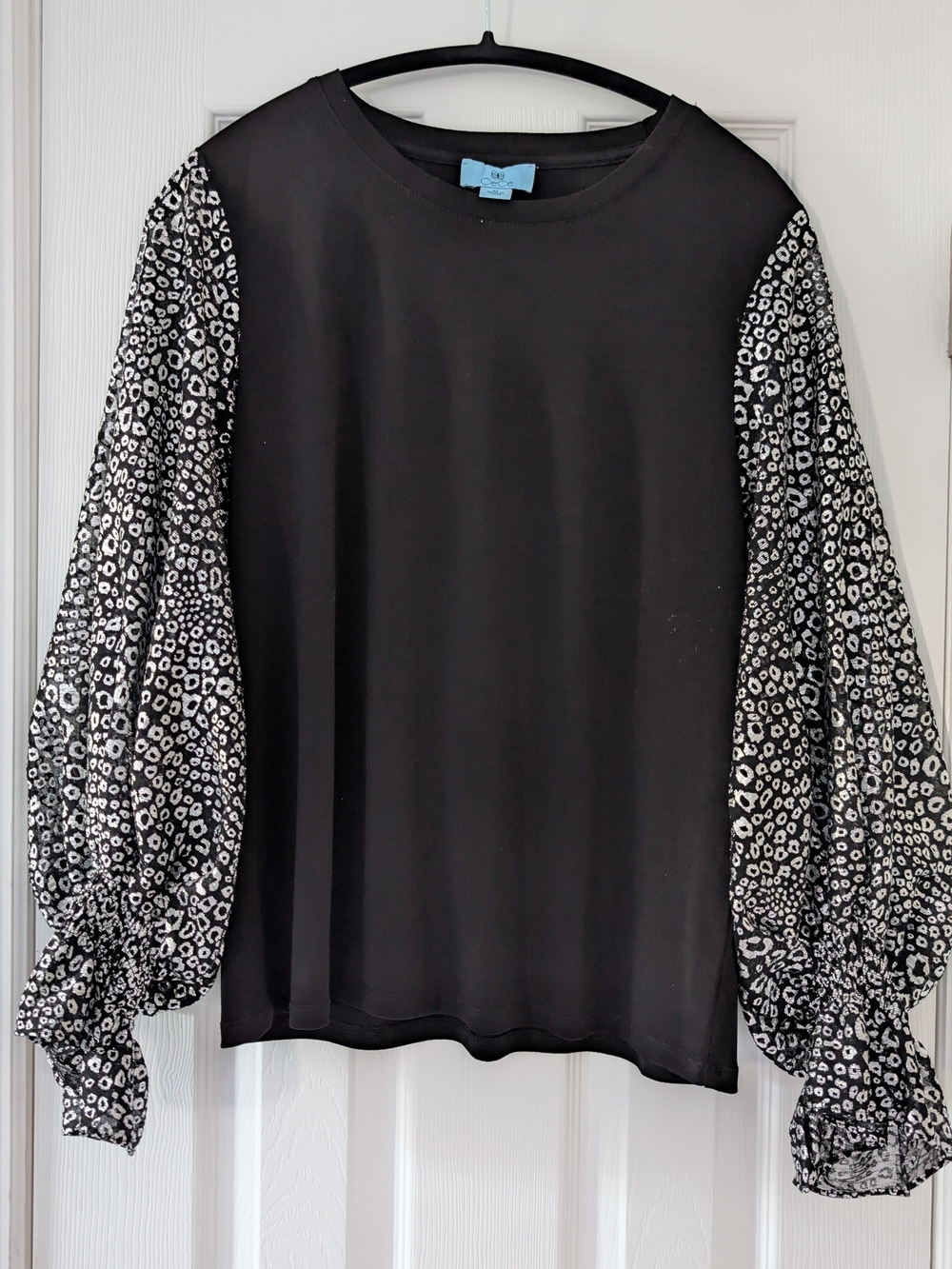CeCe Metallic Long-Sleeve Top with Black And Silver Printed Balloon Sleeves
